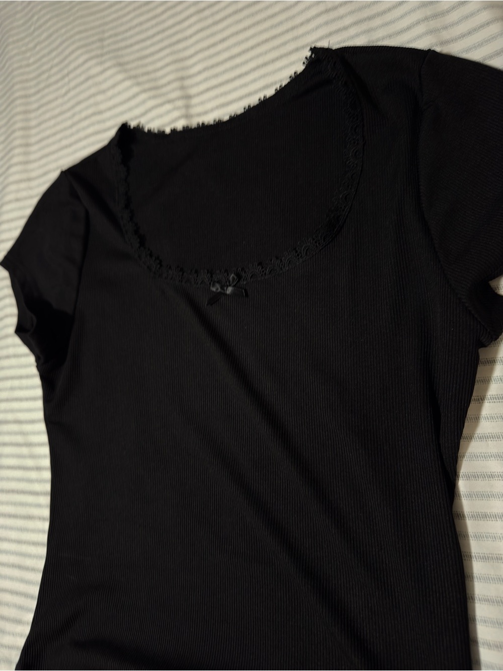 H&M Black Ribbed Scoop Lace-Trim Crop Top